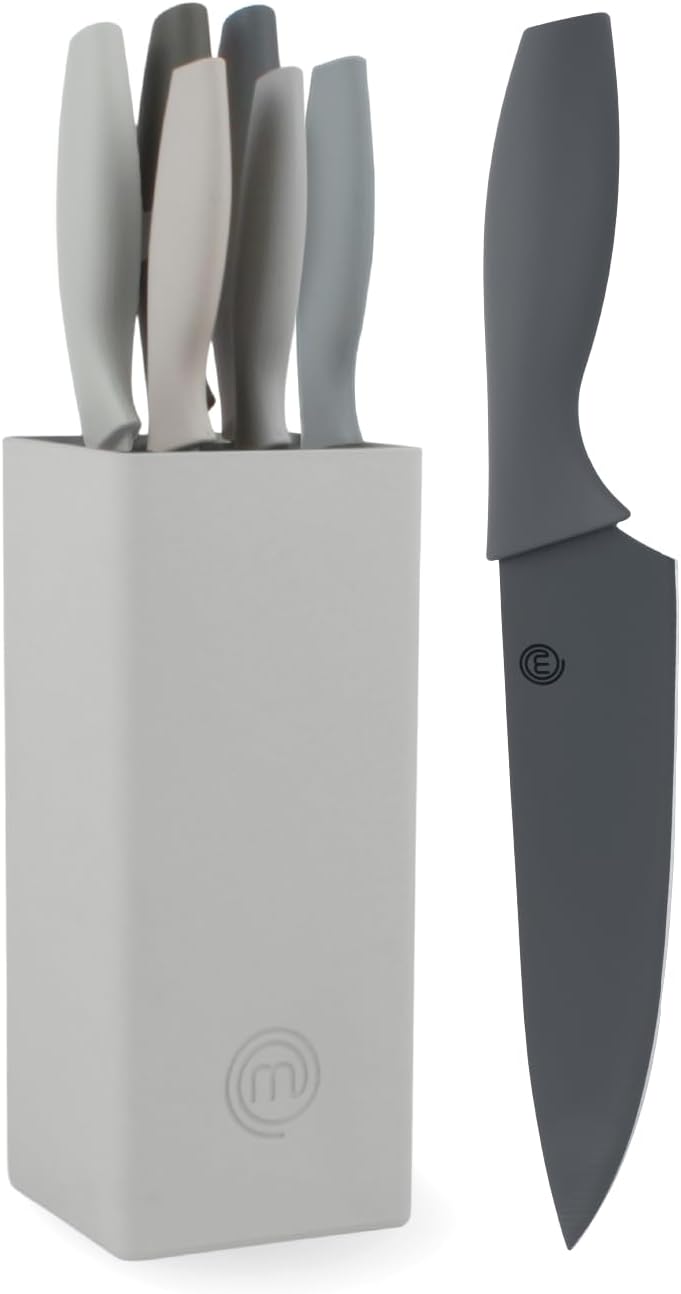 Master Chef Knife Block Set of 6 Kitchen Knives, Extra Sharp Stainless Steel Blades for Professional Cutting with Non Stick Coating & Soft Touch Easy Grip Handles in a Universal Holder, Earth Greys - Image 1